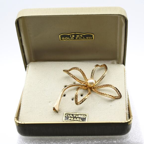 Vintage Flower Pin w Cultured Pearl 12KT Gold Filled Original Gift Box - Hey Viv - Picture 3 of 9